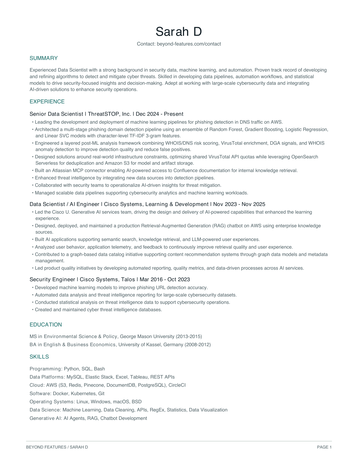 One-page résumé preview for Sarah D